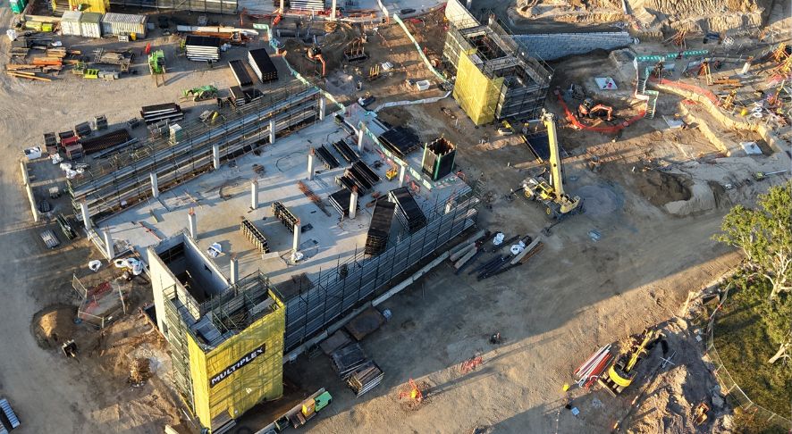 Aerial image of construction site with large concrete slab